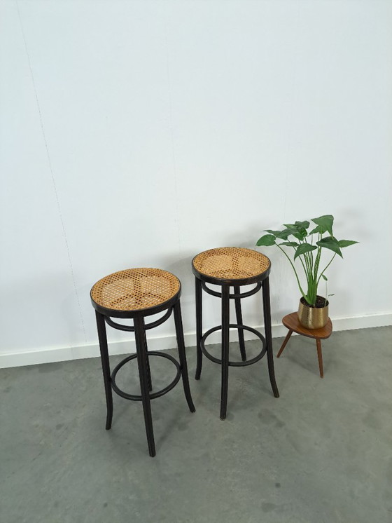 Image 1 of Set of 1950s wooden bar stools with webbing from France