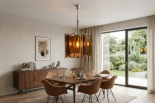 Gorgeous 1980s Vintage Chandelier – Leaf Design in Metal and Brown Glass