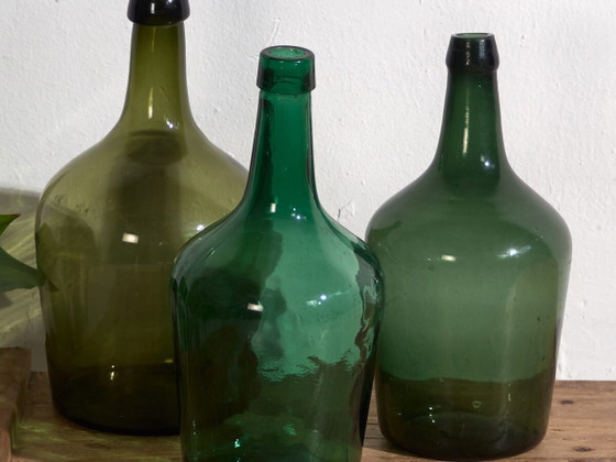 Antique green demijohns (c.1920). Set of 3 pieces #24 – Glass & Decanter, Glass (photo 2 of 9)