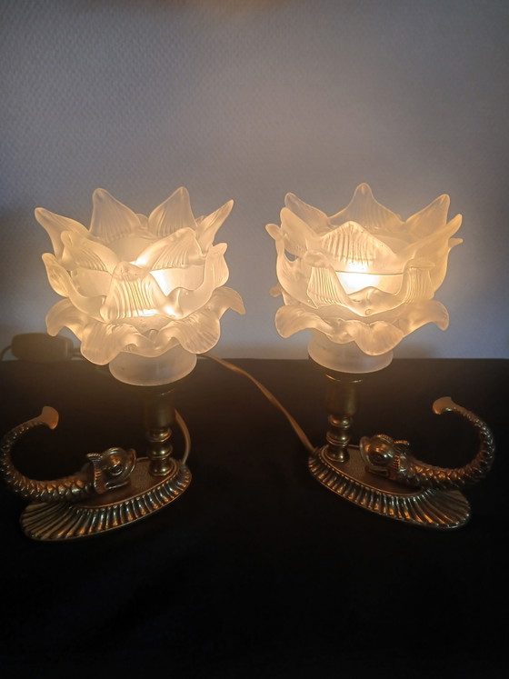 Image 1 of Pair of tulip-shaped dolphin lamps.