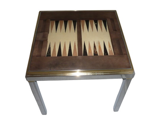 Willy Rizzo Backgammon Spieltisch, Beistelltische, Metall, Leder, Silber, Art Deco (Foto 3 von 12)