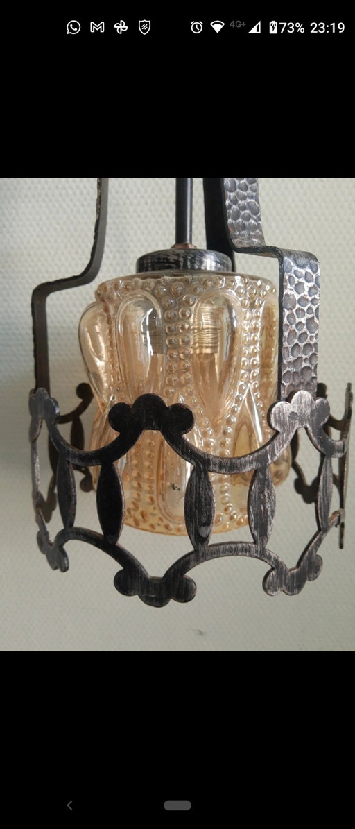 Amberkleurige Art-Deco Art-Nouveau Amsterdamse School pagode stijl hanglamp
