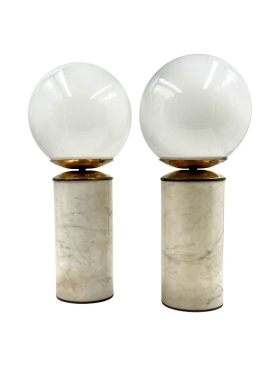 Image 1 of Hollywood regency set of 2 Carrara marble & brass table lamps, Lucirhytmo Italy 1970s