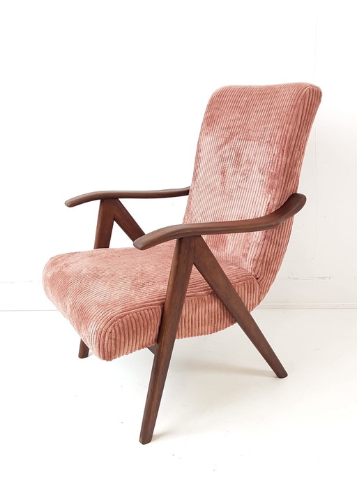 Vintage teak houten fauteuil | fauteuiltje roze nieuw