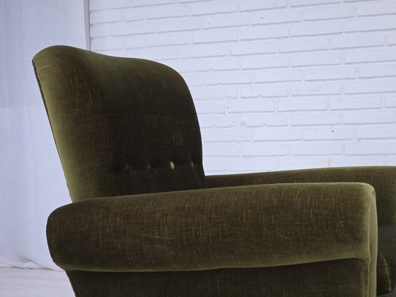 Image 1 of 1970s Danish Lounge Chair, High, Furniture Velour, Ash Wood Legs