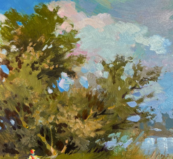 Image 1 of Origineel olieverfschilderij: Zomerlandschap langs de rivier. Zomerse reis langs de rivier.