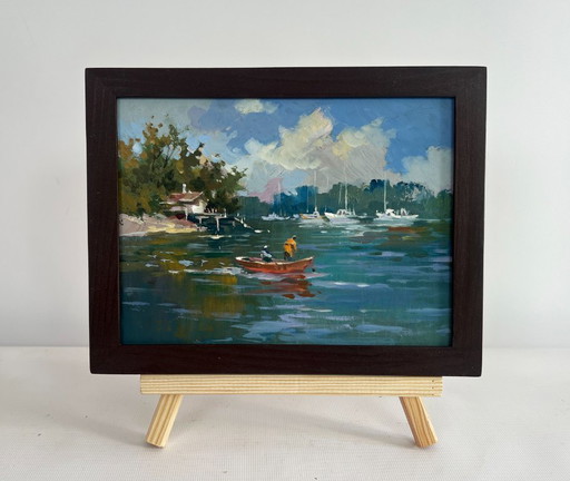Original Oil Painting Summer River Landscape At the summer yacht club