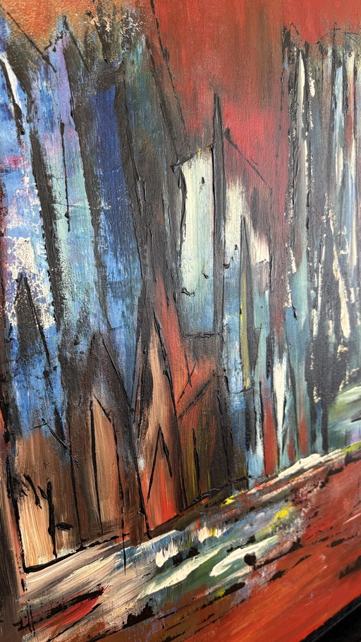 Grande peinture abstraite en style empâté - rouge/bleu - vers 1965-80