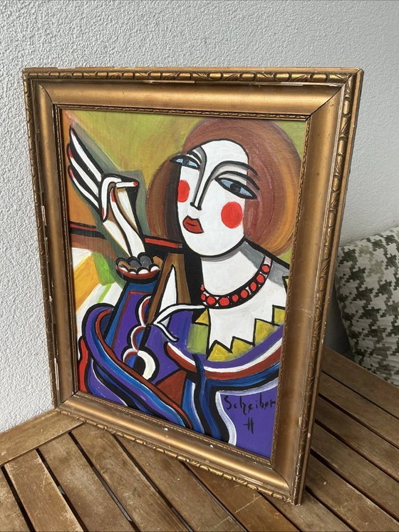 Image 1 of VINTAGE Portrait de style Hugó Scheiber | EXPRESSIONNISTE Cubisme Femme Peinture à l'huile Signée SCHREIBER H