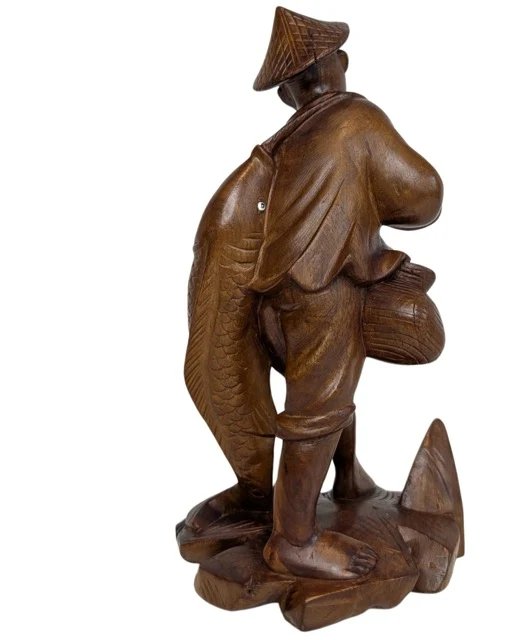 Chinese wooden lucky statue 'the fisherman with carp' – Sculpture (photo 11 of 14)