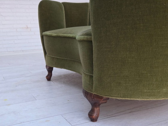 Image 1 of 1960s, Danish Curved 2-Seater Sofa, Green Furniture Velour, Oak Wood Legs