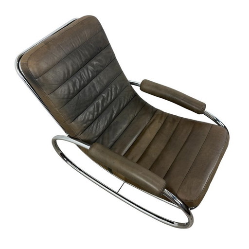 Sedia a dondolo Bauhaus vintage in pelle e cromo