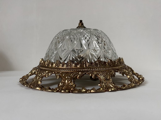 Vintage Hollywood Regency plafonnière messing met kristal glas kap