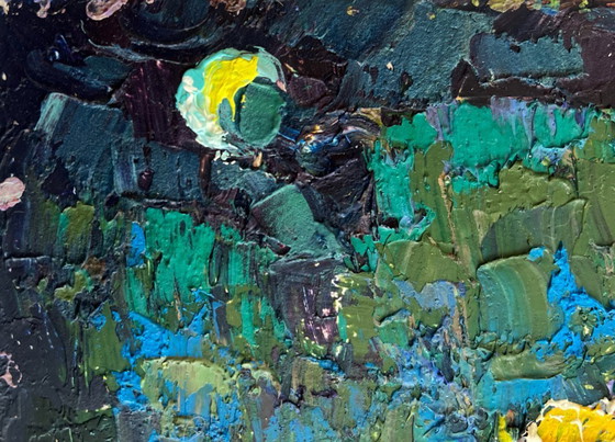 Image 1 of Original Oil Painting Night Village Landscape The moonlit night illuminates