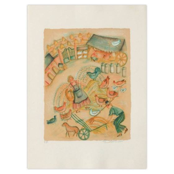 Françoise Deberdt Lithographie Signée Aux Champs - Cour De Ferme 1985 – Lithographies et sérigraphies, Paper (photo 4 of 5)