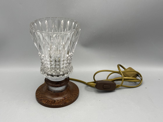 Image 1 of Mid-Century Table Lamp with Cut Glass Shade and Wooden Base – Vintage Design Lighting