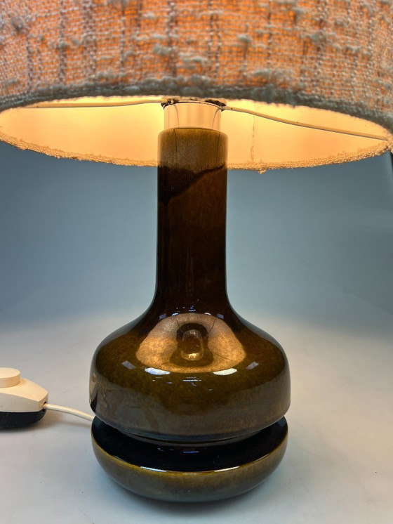 Image 1 of Vintage Earthenware Table Lamp, Green/Brown Ceramic with Wool Shade, Germany 1970s