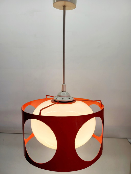 Space Age Pendant Lamp, Orange Metal, Opaline Glass Bulb, 1960s-1970s