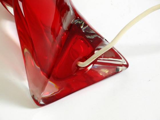 Image 1 of Beautiful heavy mid-century modern table lamp made of solid crystal glass in red and transparent