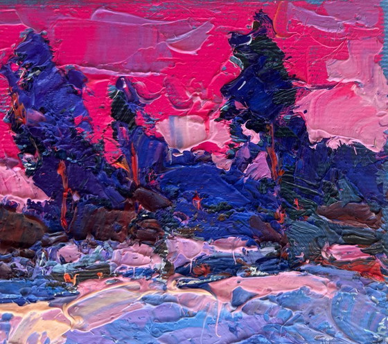 Image 1 of Original Oil Painting Evening Field Landscape Frosty winter evening