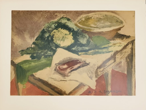 André Dunoyer De Segonzac: "Naturaleza muerta, col, 1930". Firmado en la placa. 