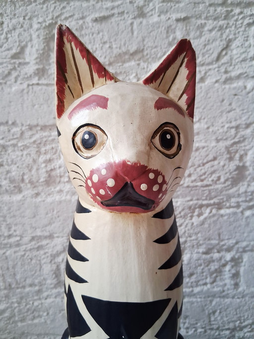 Gatto di legno vintage, fatto a mano, arte popolare