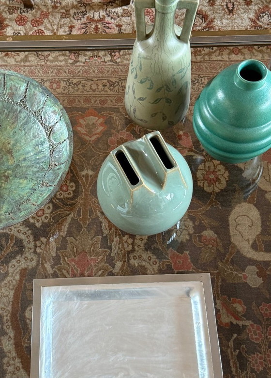 Image 1 of Mid-century Modern green spherical stoneware vase, Franco Bucci Italy ca. 1970