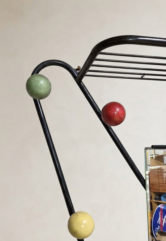 Vintage Coat Rack Attributed to Roger Feraud, Black Metal with Coloured Spheres, 1970s, 22 x 82 x 180 cm (photo 6 of 7)