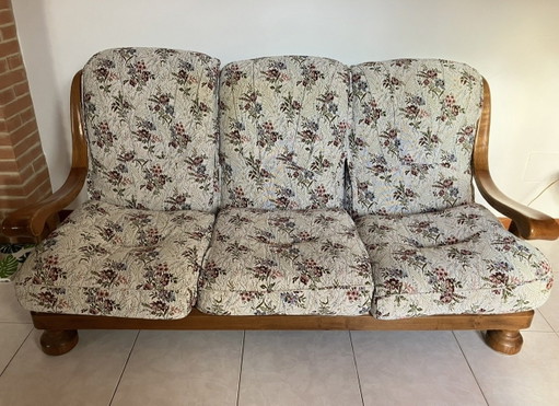 Conjunto de salón estilo Arte Povera en madera maciza, sofá de 3 plazas + 2 sillones