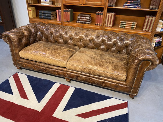 Prachtige Stoere Engelse Chesterfield Bank Sigaren Cognac Leer – Winchester, Banken, Leather, Wood (photo 6 of 7)
