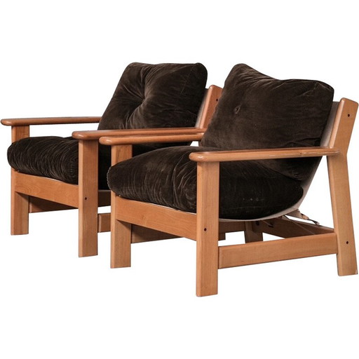 Vintage-Sitzgarnitur aus Holz, Leder und Segeltuch, Frankreich 1970
