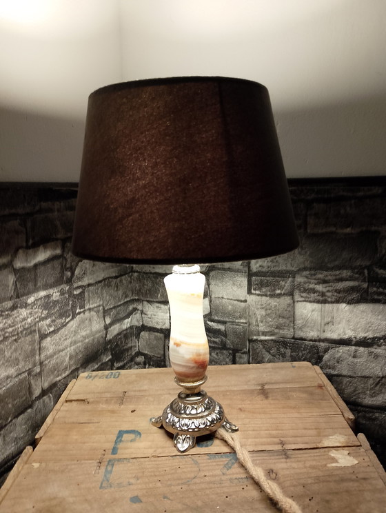 Image 1 of Small vintage lamp in bronze with genuine onyx, anthracite velvet lampshade, fully restored, braided linen cable