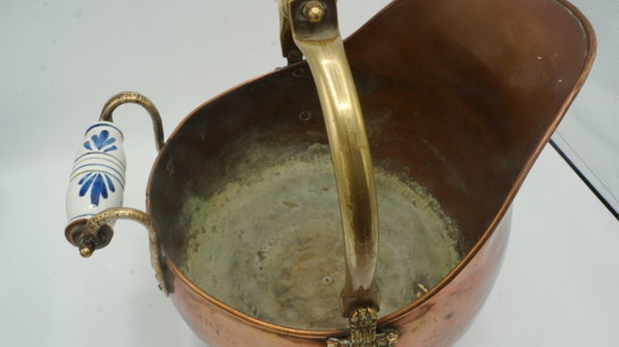 Image 1 of COPPER DUTCH HELMET COAL ASH SCUTLLE BUCKET DELFT BLUE HANDLE BRASS LION HEAD