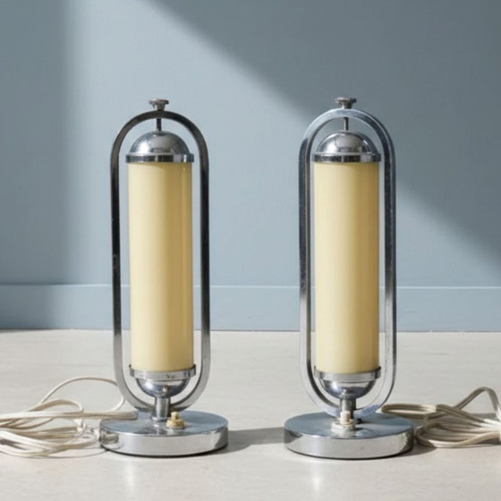 Image 1 of Pair of Bauhaus Functionalist Chrome Table Lamps, Czechoslovakia 1930s