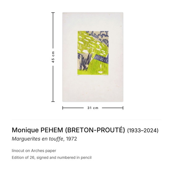 Monique PEHEM (BRETON-PROUTÉ) signierter Linolschnitt Gänseblümchen in einem Büschel 1972 (photo 3 of 5)