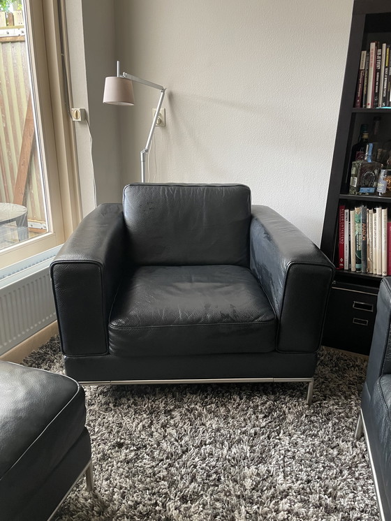 Image 1 of Ensemble de 2 fauteuils en cuir et 1 tabouret