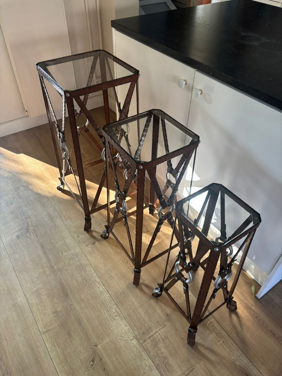 Image 1 of Unique set of 3 console tables – France, 1970s – in the style of Jacques Adnet – iron (imitation leather) and glass