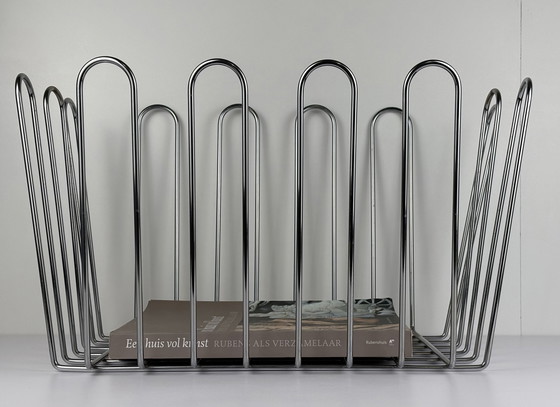 Image 1 of Large Vintage XL Wire Steel Chrome Newspaper Container / Reading Rack