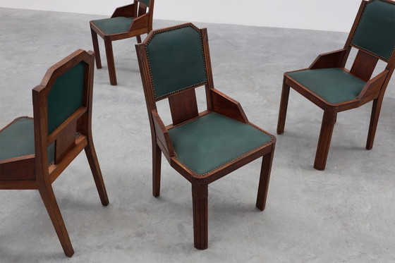Image 1 of Set van 6 Art Deco eetkamerstoelen in hout met originele bekleding, België jaren 30
