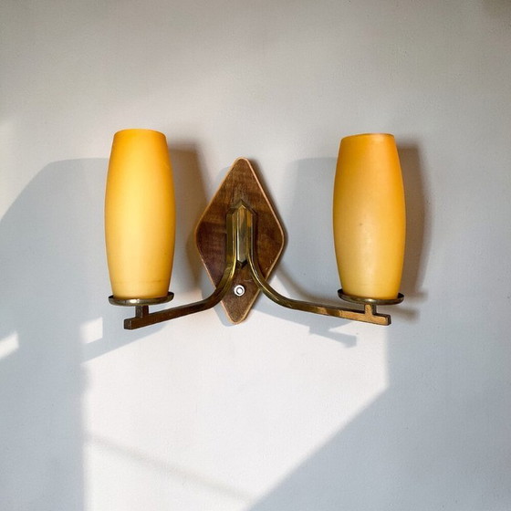 Image 1 of Vintage Mid Century Modern double opaline glass and wood wall sconce