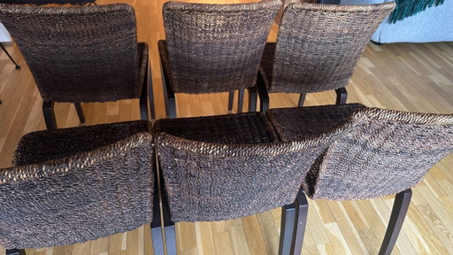 6 Sedie in Legno e Rattan Marrone Modello Libra Ligne Roset – eetkamerstoelen, Wicker (photo 2 of 8)