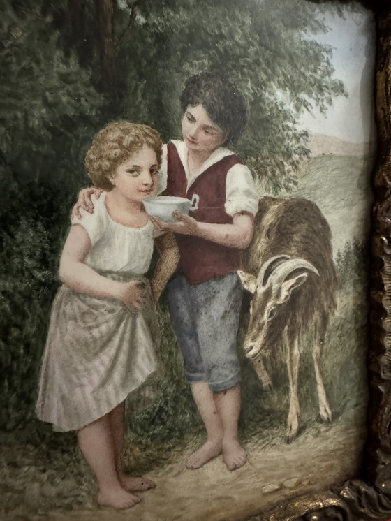 Image 1 of Dipinto di scena pastorale su porcellana, XIX secolo