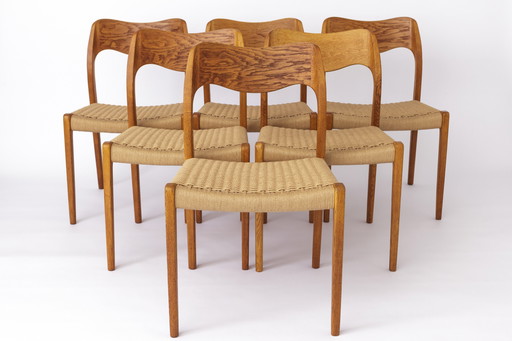 6 Niels Moller Stoelen, Model 71, Eik, 1950S, Deens Vintage, Set Van 6, Papercord Zittingen