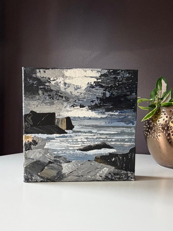 Image 1 of Sky & Stone II – modern abstract coastal landscape – 20x20 cm on 4 cm thick stretcher frame