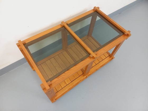 Image 1 of Vintage rectangular coffee table in pine and smoked glass from the 70s/80s