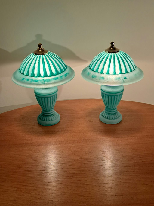 🔵🟡 2 Vintage Glass & Brass Table Lamps – Turquoise – Excellent Condition