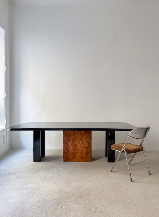 Image 1 of Large Extendable Vintage Dining Table From Italy, Glossy Lacquered | Root Wood Base | "Jean-Claude Mahey"