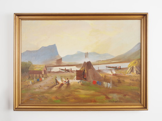 Image 1 of Peinture "The Riverside Camp", design scandinave, 19e siècle, par Vilhelm Oskar Engström
