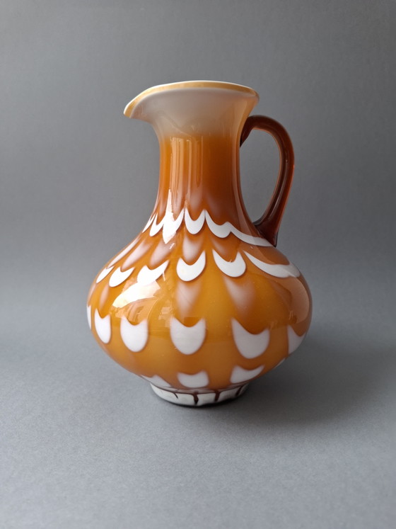 Image 1 of Vintage Art Glass Vase/Jug 23 cm, FS Prokuplje Jugoslavija, Orange White. MCM, Art Glass, 70s