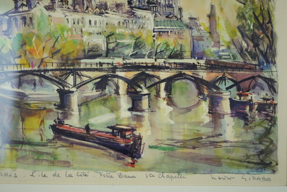 Image 1 of Antike gerahmte Farbgravur. Marius Girard. Die Île de la Cité, Paris.